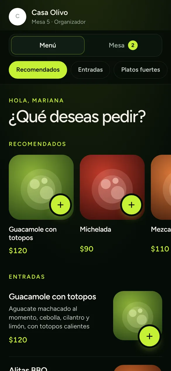 Menú del comensal en un teléfono, con productos recomendados, categorías y precios