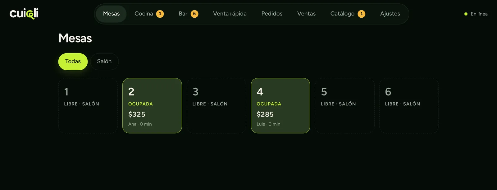 Pantalla de mesas de cuiqli en computadora: seis mesas, dos ocupadas con su total y el mesero que las atiende